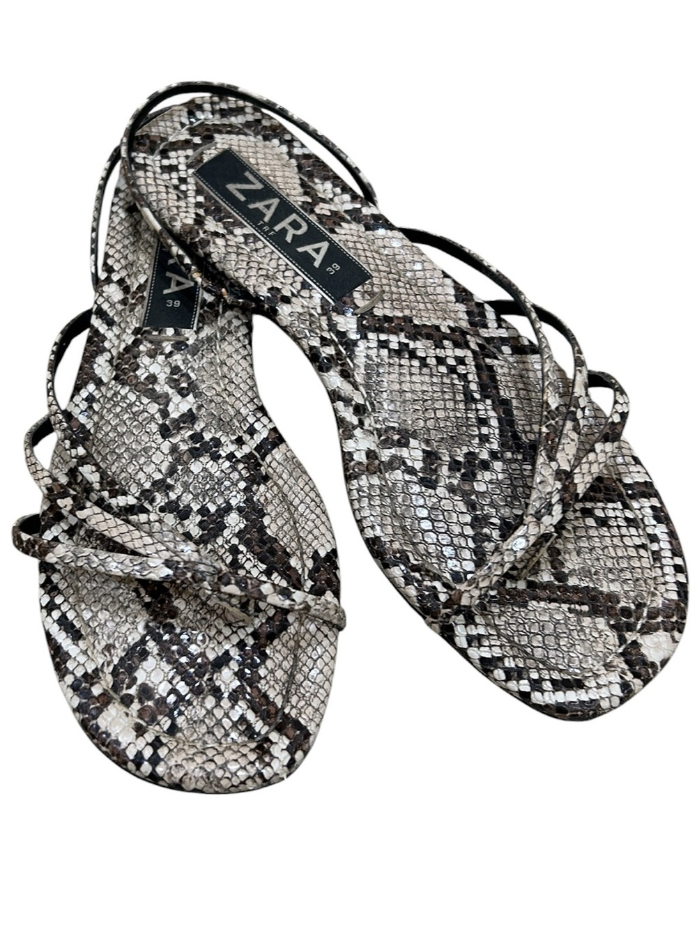 ZARA Snake-Print Strappy flat toe Sandals in Black & White size EU39